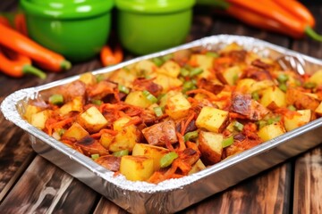 Poster - bbq potato salad with paprika on top inside an aluminum tray