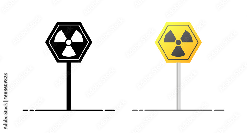 Road signs radiation. Different styles, radiation sign, radiation warning sign. Vector icons