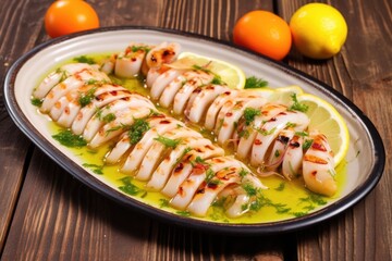 Sticker - barbecue squid decorated with citrus slices on tray