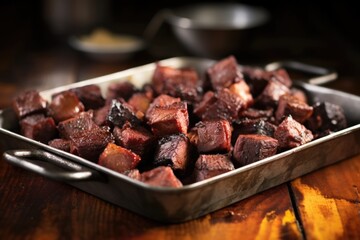 Sticker - burnt ends piled high in a rustic metal tray