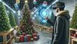 Amidst the warmth of a cozy indoor winter scene, a person adorned in virtual reality goggles gazes upon a twinkling christmas tree, immersed in a technologically enhanced holiday experience