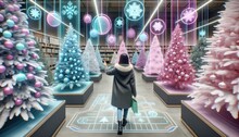 A Futuristic Woman Peruses The Indoor Christmas Tree Selection At A Trendy Store, Adorned In Fashion-forward Clothing And Captivated By The Holiday Spirit
