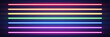 Neon long lines set. Rainbow border. Color laser beam. Realistic led neon tube. Shining night signboard. Bright design for party, game, web. Horizontal lamp sign. Retro neon wall. Vector illustration