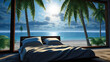 Bett am Strand unter Palmen. Generiert mit KI
