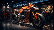 Modern Orange Motorcycle With Led Front Lights In A Motorcycle Showroom 