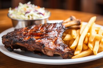 Sticker - slightly blurred image of bbq ribs, focusing on coleslaw and fries