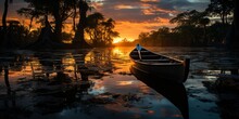 Impressive And Spectacular Sunset River Landscape With A Lonely Boat