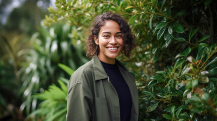 Woman with curly hair and green jacket.