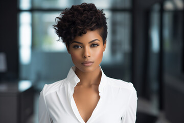 Black women with short hair in white suit professional