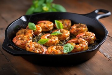 Sticker - skewered bbq spiced shrimp in a cast iron pan