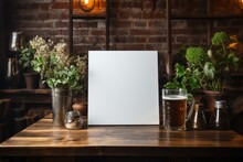 Frame With Poster Mockup In Bar Beer On Wooden Table With Brick Wall And Green Plants