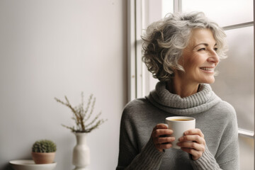 Wall Mural - Portrait of happy middle aged woman in cozy sweater holding a cup of hot drink and looking trough the window, enjoying the winter morning at home, side view