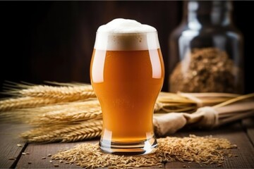 Canvas Print - close shot of a glass filled with frothy beer next to brewing ingredients