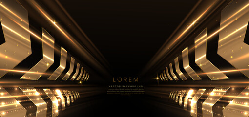 Wall Mural - elegant golden arrow diagonal glowing with lighting effect sparkle on black background. template pre