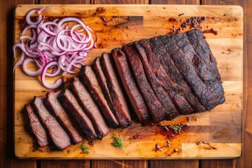 Sticker - bird-eye view of sliced bbq brisket on a large wooden board