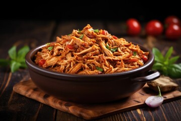 Poster - bbq pulled pork in a rustic bowl on a dark background