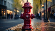 A Red Fire Hydrant On A Bustling City Sidewalk. Generative AI.