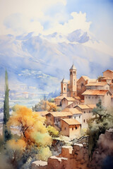 Wall Mural - Watercolor painting of a small town in the mountains, Tuscany, Italy. Summer landscape, vertical artwork. Generative AI