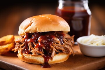 Wall Mural - high angle shot of a pulled pork sandwich with sauce