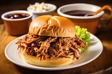 Wall Mural - carolina pulled pork in a baker with a cup of tangy sauce