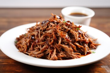 Poster - pulled pork on a white plate with vinegar sauce drizzled over