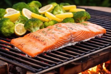 Wall Mural - cedar plank with uncooked salmon by a barbecue grill