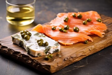 Poster - cedar plank smoked salmon with capers on stone plate