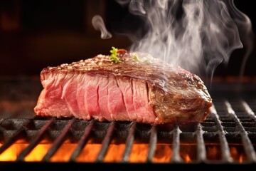 Poster - freshly grilled steak cut open, steam rising with pinkish inside visible