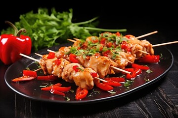 Wall Mural - closely captured image of chicken skewers with red chili pepper garnishing