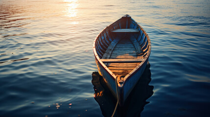 Wall Mural - wooden boat or canoe on water at sunset