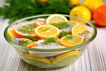 Sticker - close-up of fish fillets in a bowl with citrus slices and herbs