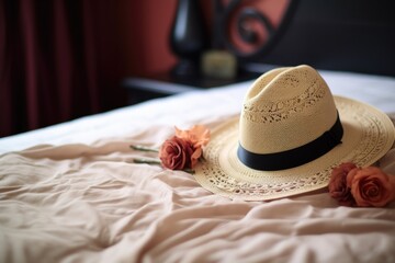 Poster - a hat placed on top of a bed