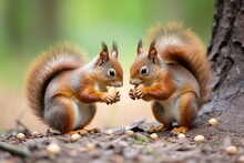 Two Squirrels Eating A Nut Together