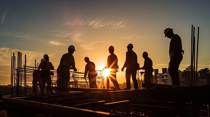 Poster - Construction workers silhouetted against the sun
