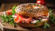 Smoked salmon and cream cheese pumpernickel bagel -
