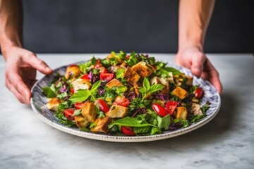 Sticker - hand carrying a platter of fattoush salad against a marble backdrop