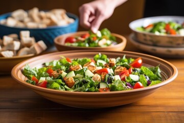 Sticker - hand placing a bowl of fattoush salad on a table setting