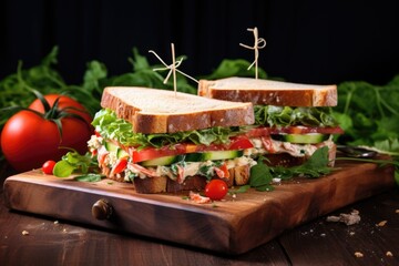 Sticker - sandwich with fresh vegetables on a wooden board