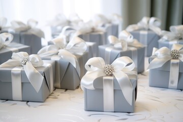 Wall Mural - silver wedding gift boxes with white satin ribbons