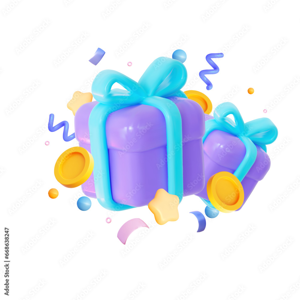 3D gift box with confetti and coins. With bright creative design ...
