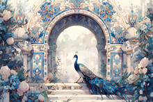 Mughal Arch. Picture With Peacocks. Watercolor Style.