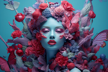 Wall Mural - female face covered with flowers and butterflies, cosmetics concept, Generated AI,