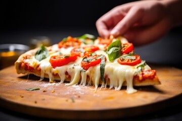 Poster - hand holding a slice of margherita pizza with melting cheese