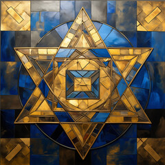 A blue and gold star of david, in the style of mosaic