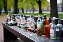 Littered Empty Alcohol Bottles On A Park Bench