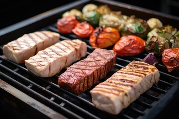 Wall Mural - tofu steak surrounded by meat steaks on a grill