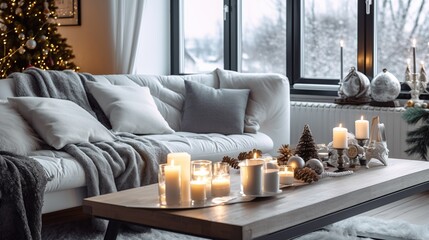 Wall Mural - candles on the table in the Christmas living room interior with a gray sofa, cozy blanket and cushions