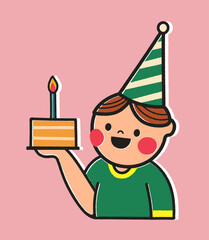 Wall Mural - Birthday card with cartoon boy holding a cake illustration on pink background. Sticker style greeting card in retro style. Cute postcard for child or design for your brand.