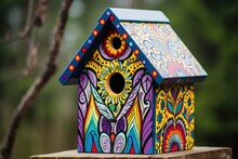 A Birdhouse Painted With Vibrant, Funny Patterns