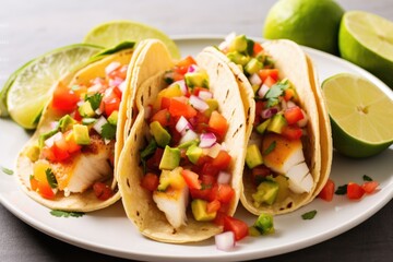 Wall Mural - plate of fish tacos with salsa, lime, and avocado